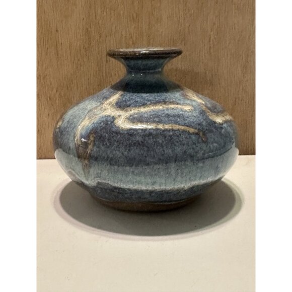 Studio Art Pottery Mini Vase Pot Artist Signed Blue Drip Short Squat Glazed - Picture 3 of 9